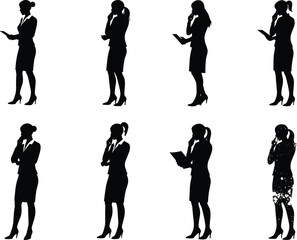 Businesswoman silhouette collection, professional female poses, corporate attire, thinking gesture, confident stance, tablet holding, leadership concept, damaged figure, diversity, office wear