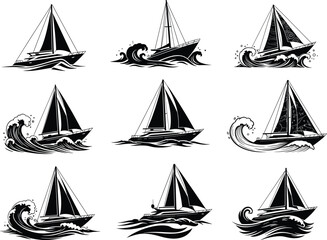 Sailboat, nautical, maritime, ocean, waves, black and white, illustration, stylized, dramatic, water, graphic, sailing, vessel, artistic, bold