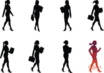 Businesswoman silhouettes, briefcase holding, skirt suit, high heels, walking pose, red variant, decorative swirl, corporate identity, branding, posture study