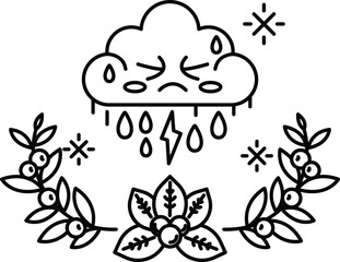 A black and white drawing of a stormy sky with a lightning bolt and rain falling