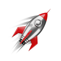 3d metallic rocket ship with red fins launching into space isolated on white background