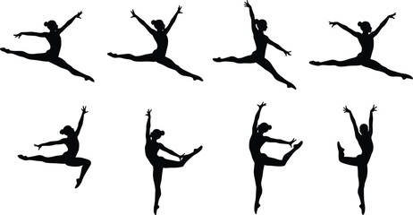 Dancer silhouettes, ballet poses, contemporary movement, expressive leaps, black figures, flexibility, body control, graceful form, dynamic motion, performance art