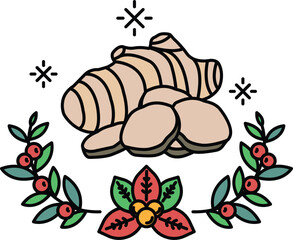 A drawing of a bunch of herbs and berries with a leafy border