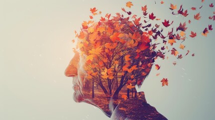 Alzheimer's disease awareness month concept with autumn leaves and elderly profile. Horizontal banner. Copy space. Mental health. Parkinson disease