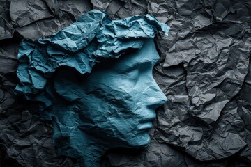 Abstract Blue Face Sculpture on Dark Textured Background