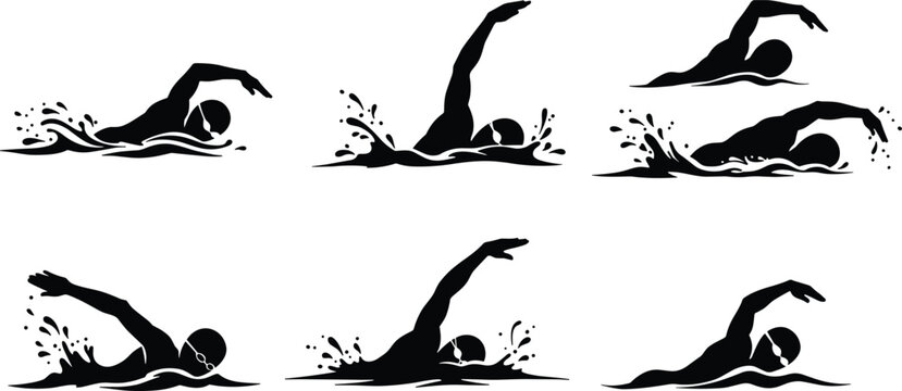 Freestyle swimming sequence, swimmer silhouette, arm movement, water splash, stroke technique, athletic posture, sports training, isolated vector, dynamic motion, fluid analysis