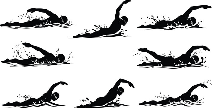 Freestyle swimming sequence, swimmer silhouette, arm movement, water splash, stroke technique, swim cap, goggles, sports training, isolated vector, dynamic motion