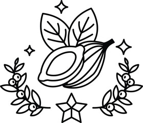 A drawing of a fruit with leaves and a star in the background