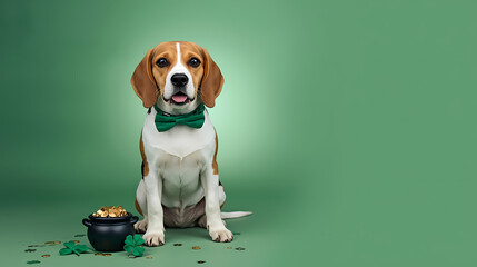 Beagle dog celebrating St. Patrick's Day with a pot of gold.