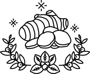 A drawing of a bunch of herbs and berries with a leafy border