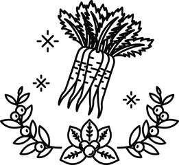 A drawing of a bunch of carrots with a leafy border