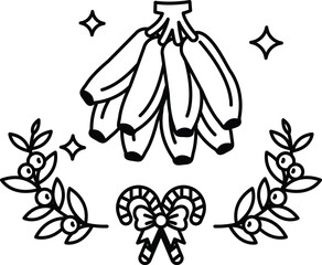 A bunch of bananas are surrounded by a wreath of leaves and a bow