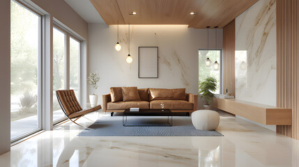 A stylish modern living room with minimalist design and soft natural light. 