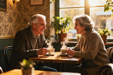 Warm coffee date: smiling senior couple chatting in a cozy café with morning sunlight and steam rising from cups; love, connection and lifestyle concept. generative AI