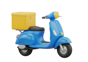 Obraz premium 3d rendering of a blue delivery scooter with a yellow box isolated on transparent background for fast service