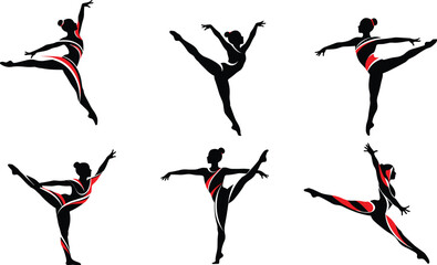 Fototapeta premium Gymnast silhouettes, dancer poses, athletic movement, graceful form, black figures, leotard accents, flexibility, balance, performance art, dynamic motion, elegance
