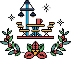 A black and white drawing of a patio with a table and chairs