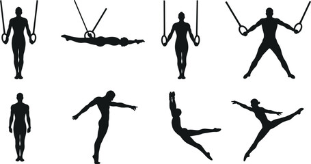 Gymnast silhouettes, ring exercises, dynamic poses, athletic movement, strength training, flexibility, black figures, motion study, body control, gym performance
