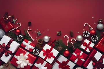 Festive Christmas arrangement of wrapped presents, ornaments, and holiday sweets scattered on a deep red background for a joyous celebration.