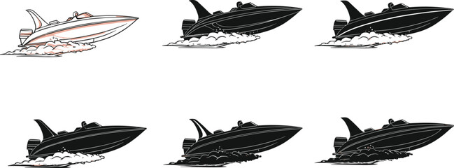 Speedboat illustrations, black and white watercraft graphics, motion splash scenes, boat design variations, silhouette, marine transport