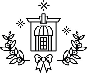 A black and white drawing of a building with a bow and leaves surrounding it