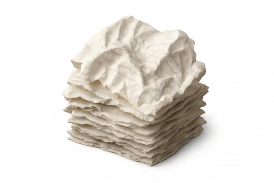 Stack of crumpled paper displaying frustration and error, representing discarded ideas and creative process with transparent background