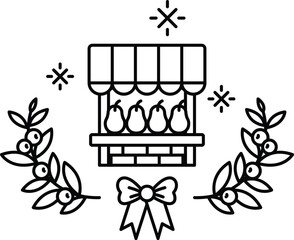 A black and white drawing of a fruit stand with a bow on it