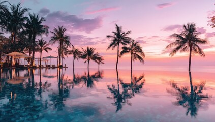 Tropical sunset reflected in a calm pool.