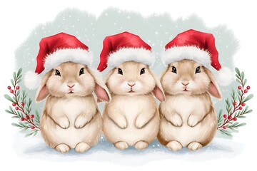 Three adorable bunnies wearing Santa hats create a heartwarming Christmas scene full of holiday cheer and festive charm, perfect for the winter season.