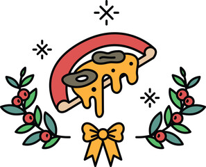 A pizza with melted cheese and sauce on top of a leafy green background