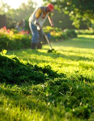 Gardener raking freshly cut grass