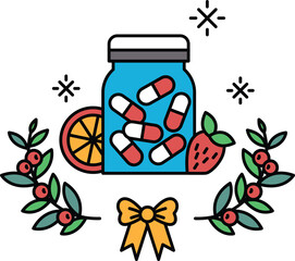 A jar of pills is surrounded by fruit and leaves