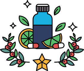 A bottle of medicine is surrounded by a leafy green border and a slice of orange