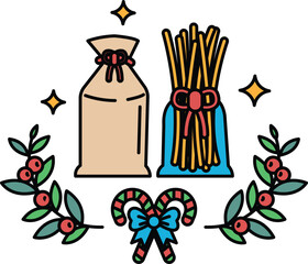 A drawing of a Christmas tree with a bag of noodles and a bag of candy