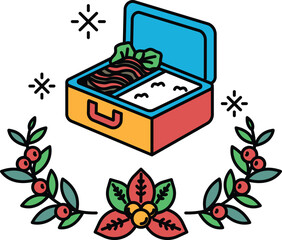 A cartoonish drawing of a lunch box with a meal inside