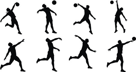 Silhouette athlete throwing ball, sports motion sequence, volleyball serve action, tennis training pose, dynamic movement, black figure, isolated background