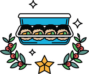 A blue container with four pieces of sushi inside