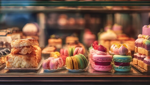 Colorful Macarons and Pastries in a Bakery Display Case.