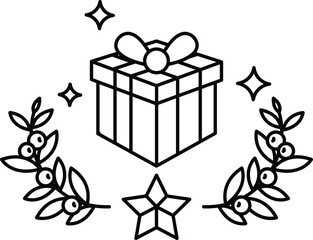 A black and white drawing of a box with a bow on top of it