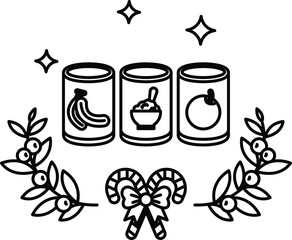 Three cans of food are shown in a wreath