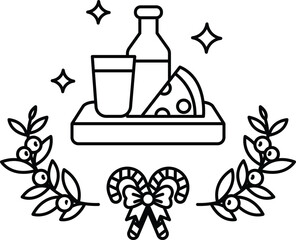 Illustration of milk with cheese and Christmas wreath in line art style