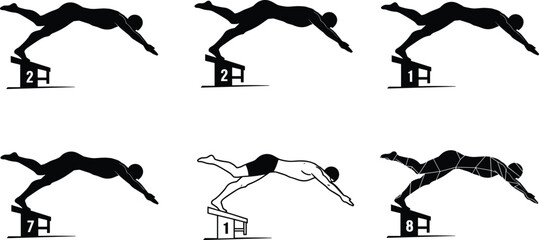 Swimmer dive sequence, diving silhouette, athletic motion, sports training, body posture, swim start, competitive swimming, biomechanics illustration, isolated vector, motion breakdown