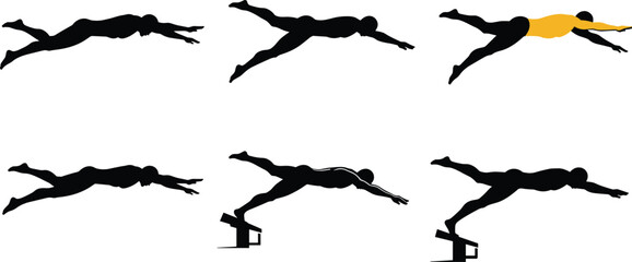 Swimmer dive sequence, diving silhouette, sports motion, athletic posture, swim start, body movement, training illustration, competitive swimming, isolated vector, biomechanics study