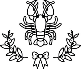 A crab is drawn in black and white with a bow and leaves