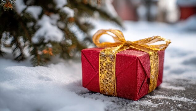 A festive red gift box with gold ribbon in winter snowfall