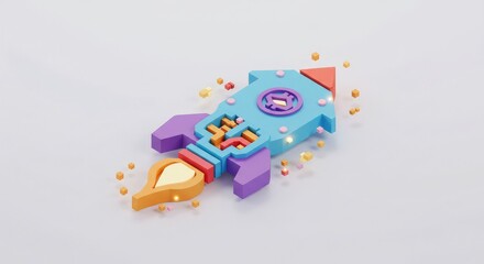 Obraz premium Vibrant 3D isometric rocket blasting off with colorful geometric shapes, symbolizing innovation, growth, and futuristic technology in a clean, modern style.