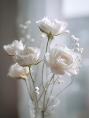 Delicate white roses and small blooms are elegantly arranged in a glass vase, capturing the essence of purity through soft natural light in an indoor setting.