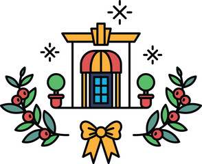 A drawing of a hotel with a red and yellow awning and a green bow