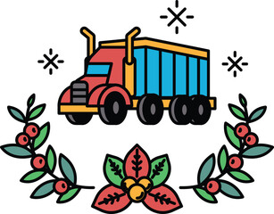 A red semi truck is driving through a wreath of green leaves