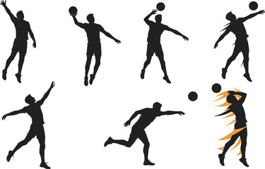 Volleyball silhouette action, dynamic athlete pose, jump spike serve, sports movement, black figure, training motion, isolated background, ball technique